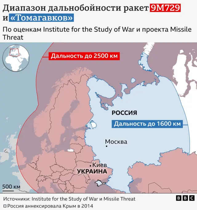 Карта дальности ракет 9М729 и "Томагавк"