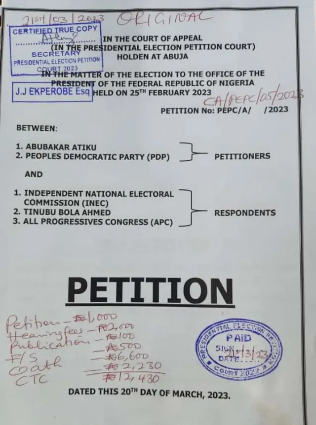 Akwụkwọ ikpe Atiku gbara Inec