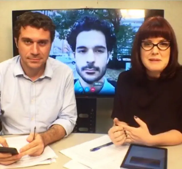 Caio Quero, João Fellet e Neli Pereira, em transmissão da BBC Brasil