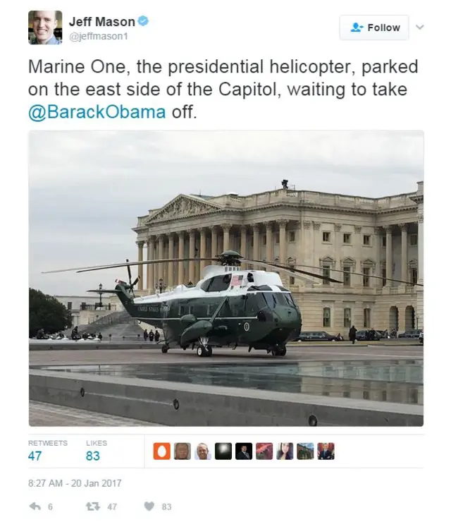 เฮลิคอปเตอร์รอรับนายบารัค โอบามา ไปยังฐานทัพอากาศแอนดรูว์ส