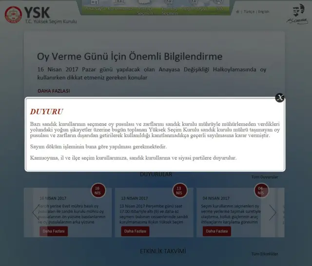 YSK'nın internet sitesinde yayınlanan duyuru
