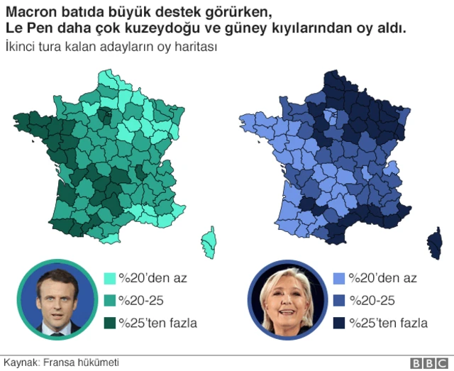 Fransa cumhurbaşkanlığı seçimi ilk turu bölgelere göre oy oranları haritası