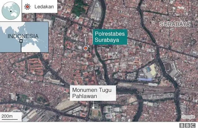 Peta lokasi ledakan Polrestabes Surabaya
