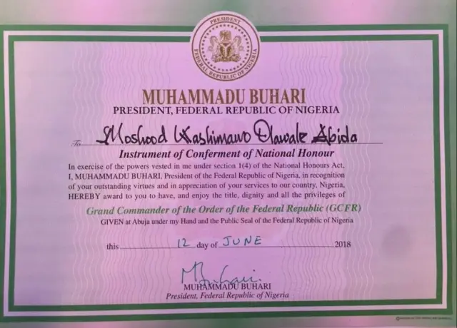 Iwe Eri oye GCFR fun MKO Abiola