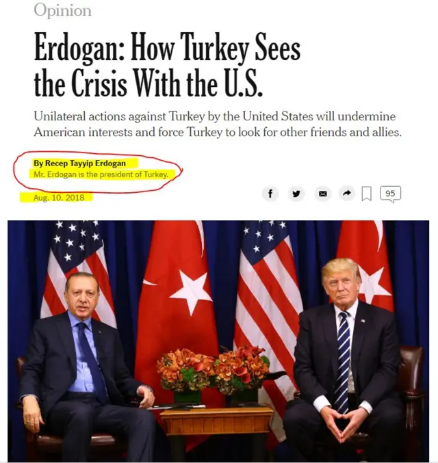 لقطة للمقال الذي كتبه الرئيس التركي في صحيفة نيويورك تايمز