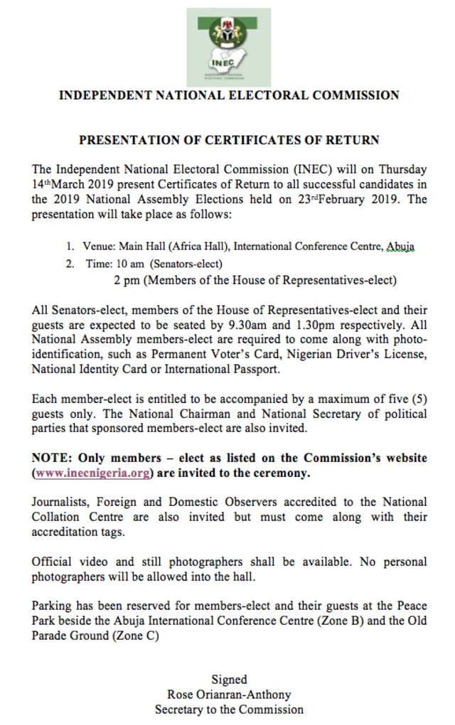 Iwe ikede ajọ INEC