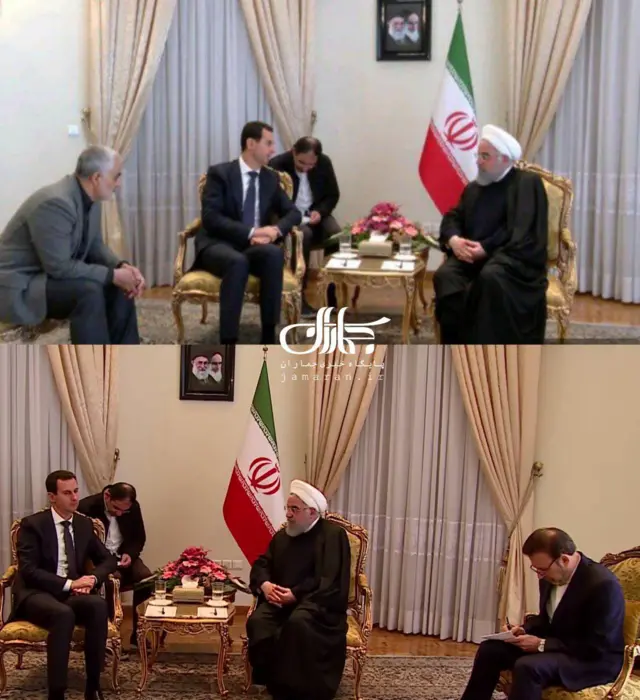 عکس بالا از راست حسن روحانی، بشار اسد و قاسم سلیمانی، عکس پایین محمود واعظی نفر اول از راست.