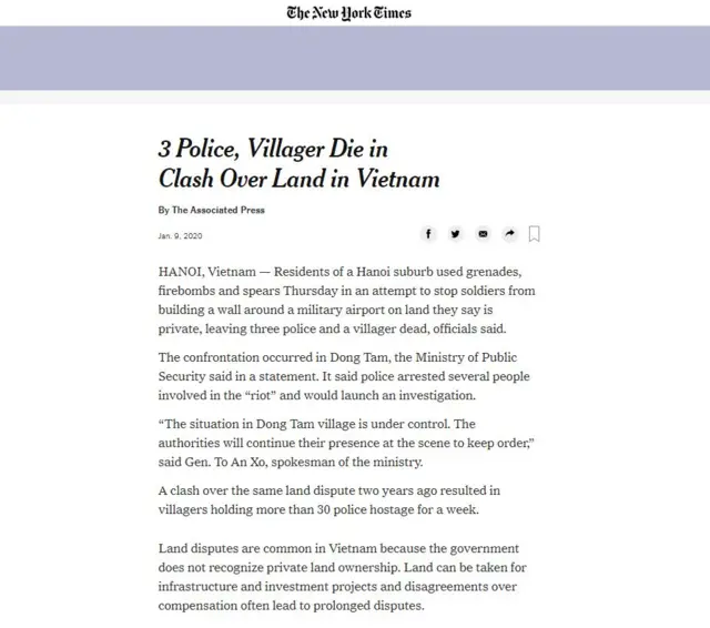 New York Times đưa tin về vụ Đồng Tâm đầu năm 2020