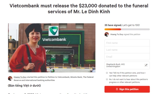 Kiến nghị trên change.org Vietcombank tháo khoán số tiền phúng điếu cụ Kình