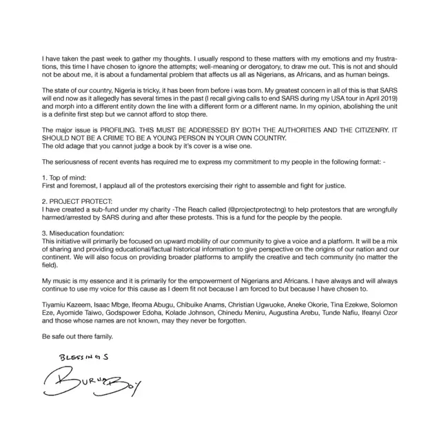 Burna Boy statement