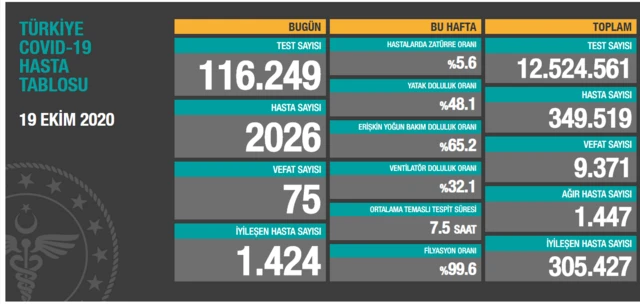 Sağlık Bakanlığı'nın 19 Ekim 2020 tablosu