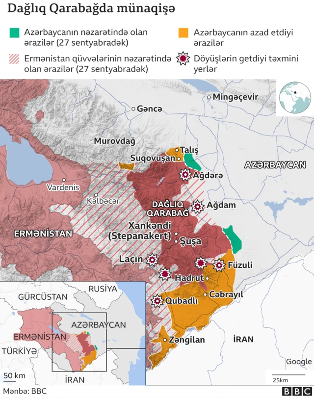 Qarabağda döyüşlərin getdiyi ərazilərin xəritəsi