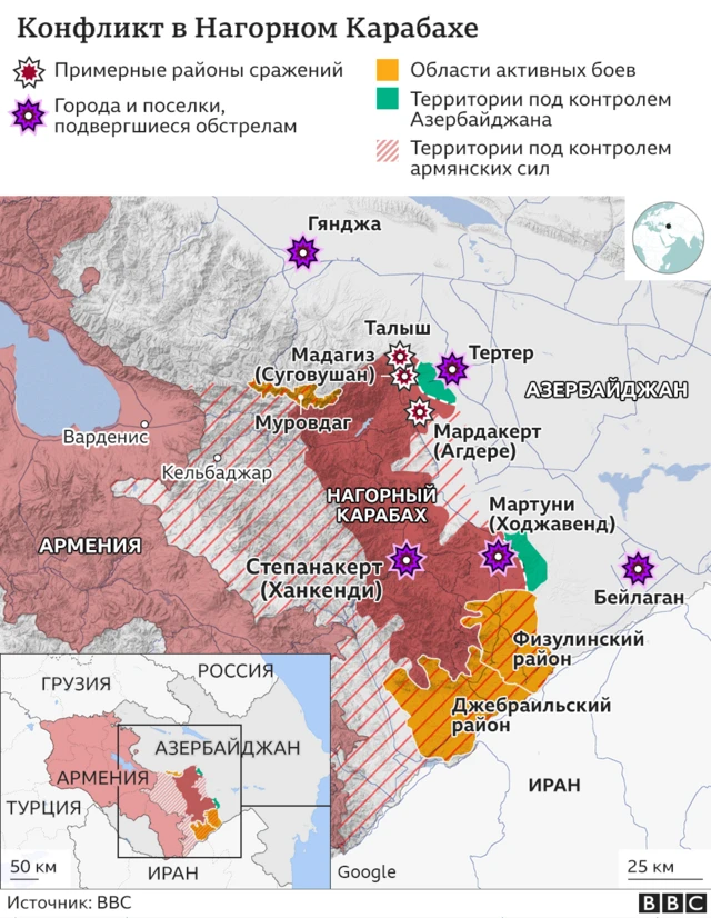 Карта обстрелов и боевых действий в Карабахе