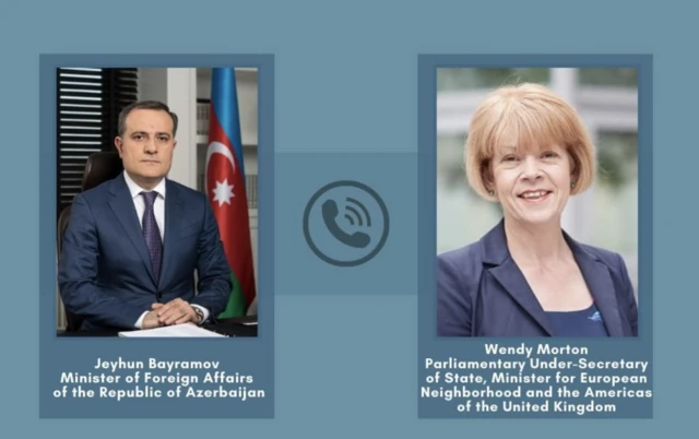Azərbaycanın xarici işlər naziri Ceyhun Bayramov ilə Böyük Britaniyanın Avropa Qonşuluğu və Amerika üzrə dövlət naziri Wendy Morton