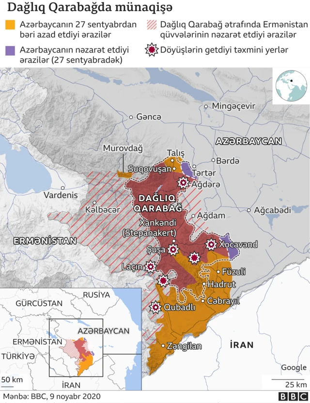 İkinci Qarabağ müharibəsində hərbi əməliyyatların getdiyi ərazilər