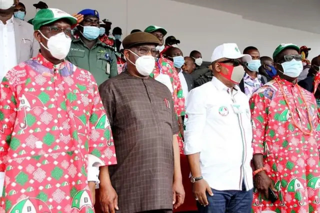 Rivers State govnor Nyesom Wike land Benin for di 2020 Edo Governorship Election to attend di PDP rally