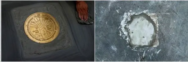 ภาพเปรียบเทียบจุดฝังหมุดคณะราษฎร ก่อนและหลังจากหมุดหายไป