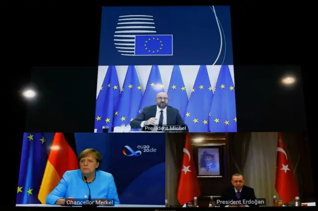 Cumhurbaşkanı Recep Tayyip Erdoğan, Avrupa Birliği Konseyi Başkanı Charles Michel ve Almanya Başbakanı Angela Merkel