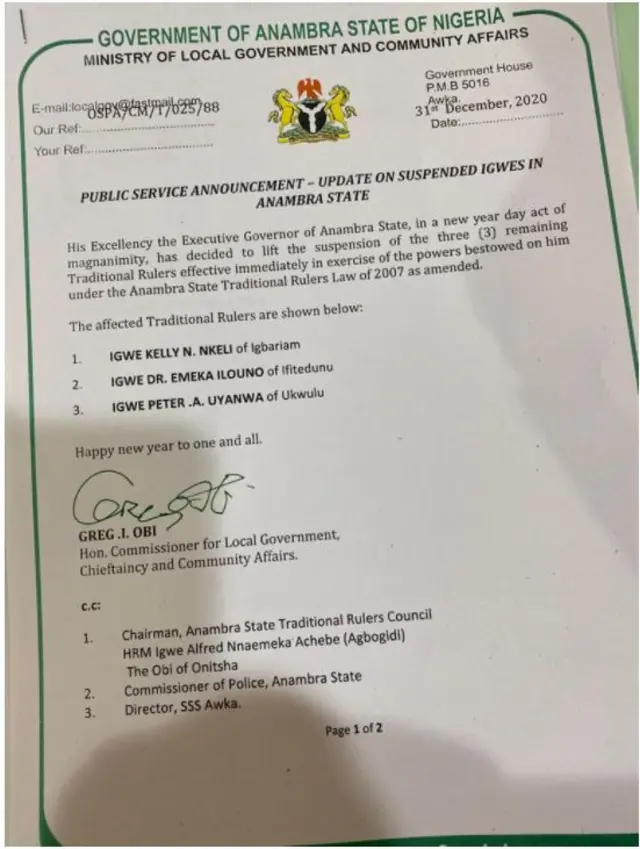 Akwụkwọ mgbasaozi si n'aka Gọọmentị Anambara steeti