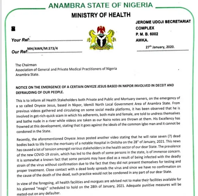 Akwụkwọ ozi si n'aka ngalaba ahụike Anambra