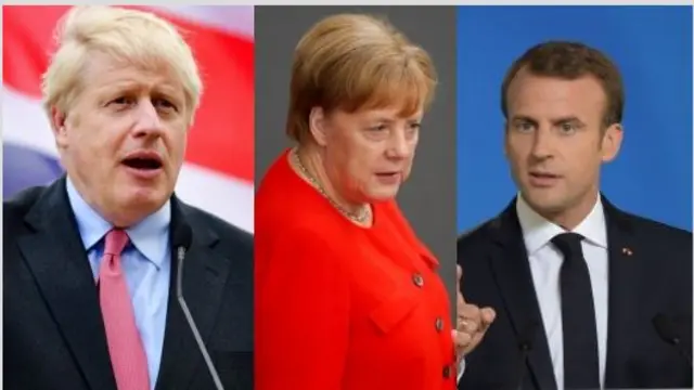 Boris Johnson, Angela Merkel na Emmanuel Macron
