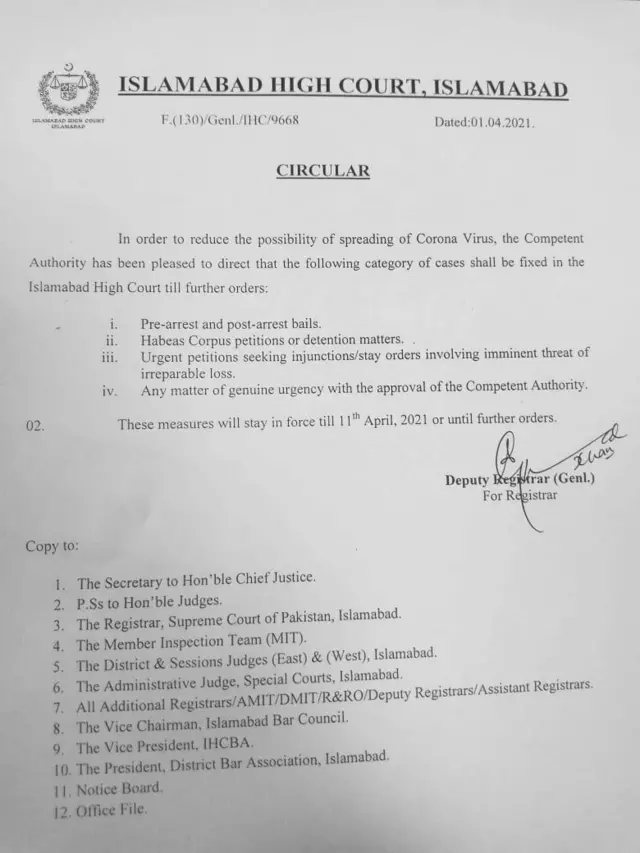 11 اپریل تک صرف اہم نوعیت کے مقدمات کی سماعت کا فیصلہ