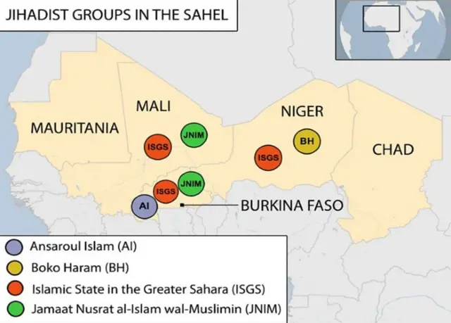 Ramani inayoonesha maeleo yenye makundi ya Jihad katika kanda ya Sahel