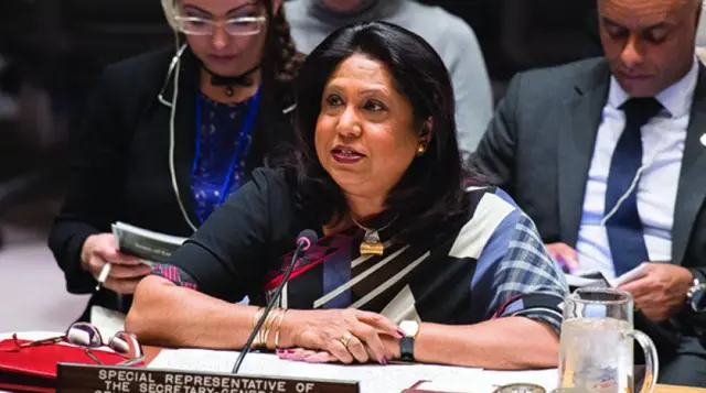 ကုလလုံခြုံရေးကောင်စီအစည်းအဝေးပွဲတစ်ခုမှာ မိန့်ခွန်းပြောနေတဲ့ Ms.Patten