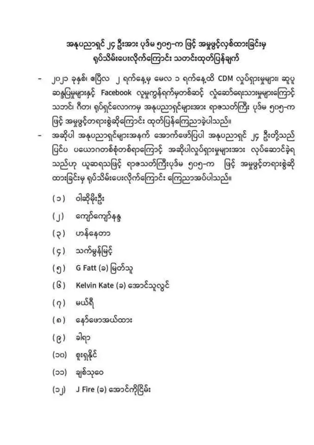 ၅၀၅-ကနဲ့အမှုဖွင့်ထားတဲ့အနုပညာရှင်၂၄ ဦးကို အမှုက ရုပ်သိမ်းလိုက်တယ်လို့ ကြေညာ