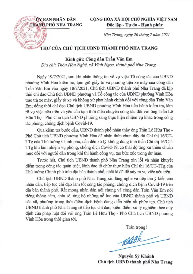 Trong thư, Chủ tịch UBND TP. Nha Trang nhận lỗi và khuyết điểm trong công tác quán triệt, lãnh đạo, tổ chức thực hiện Chỉ thị 16 trên địa bàn.