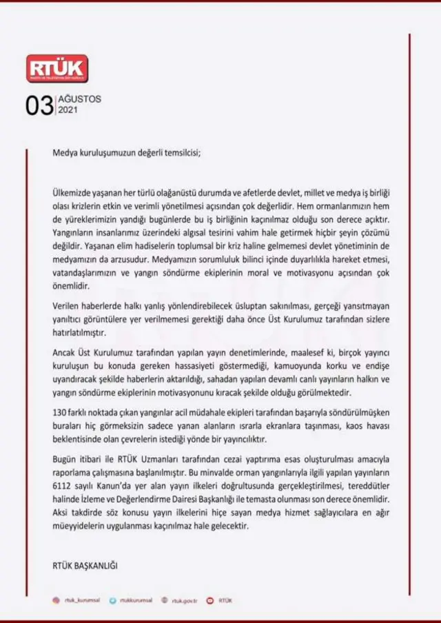 RTÜK mektubu