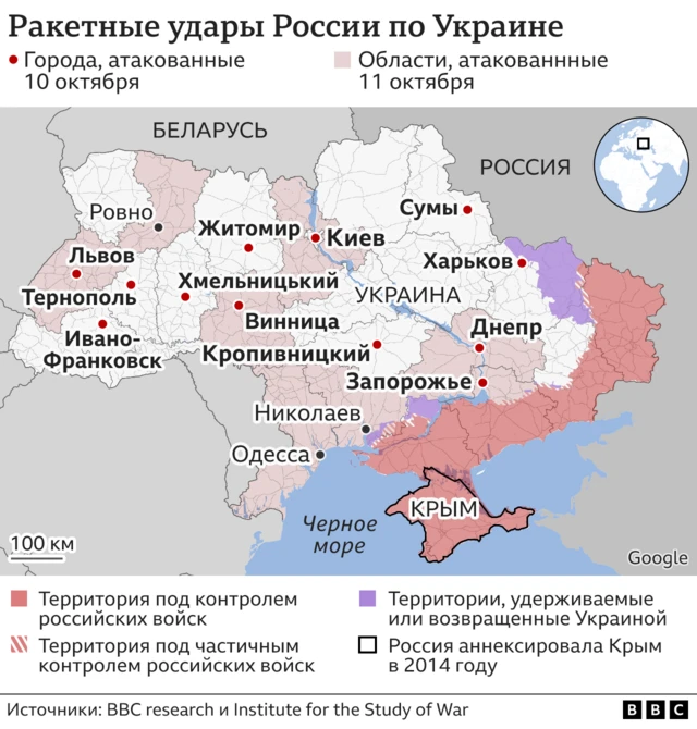 Карта-схема ракетных ударов за два дня