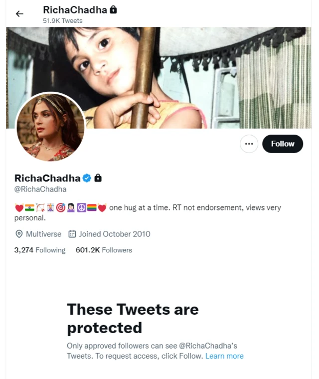 रिचा चड्ढा का ट्विटर अकाउंट