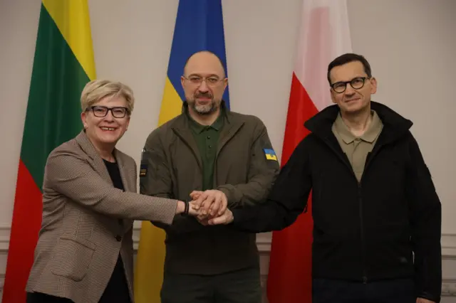 Денис Шмыгаль, глава правительства Литвы Ингрида Шимоните и премьер-министр Польши Матеуш Моравецкий