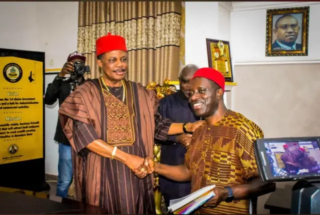 Outgoing governor of Anambra state Willie Obiano and govnot-elect Charles Soludo