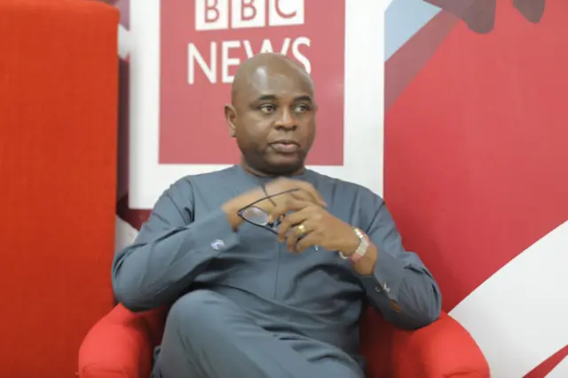 Oga Kingsley Moghalu as e dey tok to BBC Pidgin