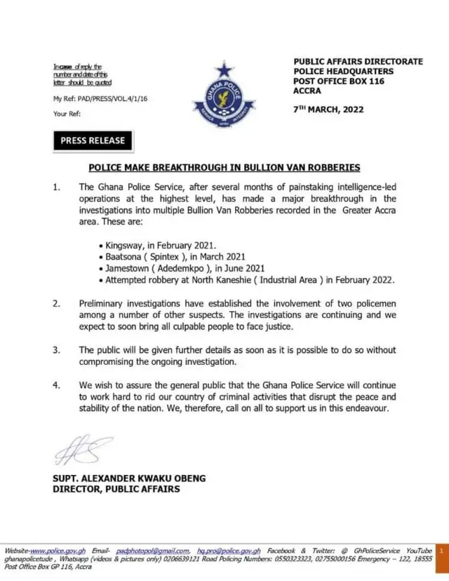 Copy of statement from police affairs directorate for Ghana