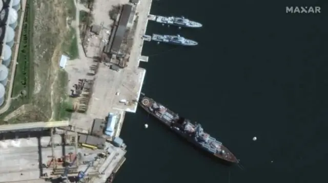 7 April: This satellite image shows the Moskva at port in Sevastopol, Crimea