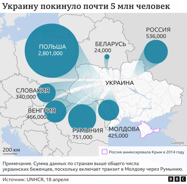Карта перемещения беженцев из Украины