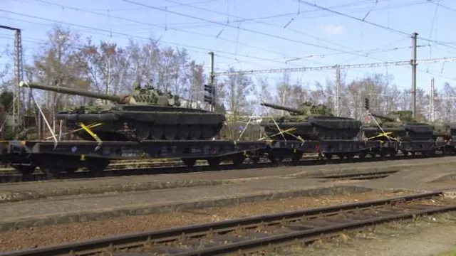 Military equipment on trains in the town of Jihlava, reportedly heading to Ukraine.