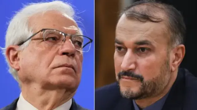 جوزپ بورل (عکس چپ) مسئول سیاست خارجی اتحادیه اروپا از گفت‌و‌گوی تلفنی با حسین امیرعبداللهیان، وزیر امور خارجه ایران خبر داده