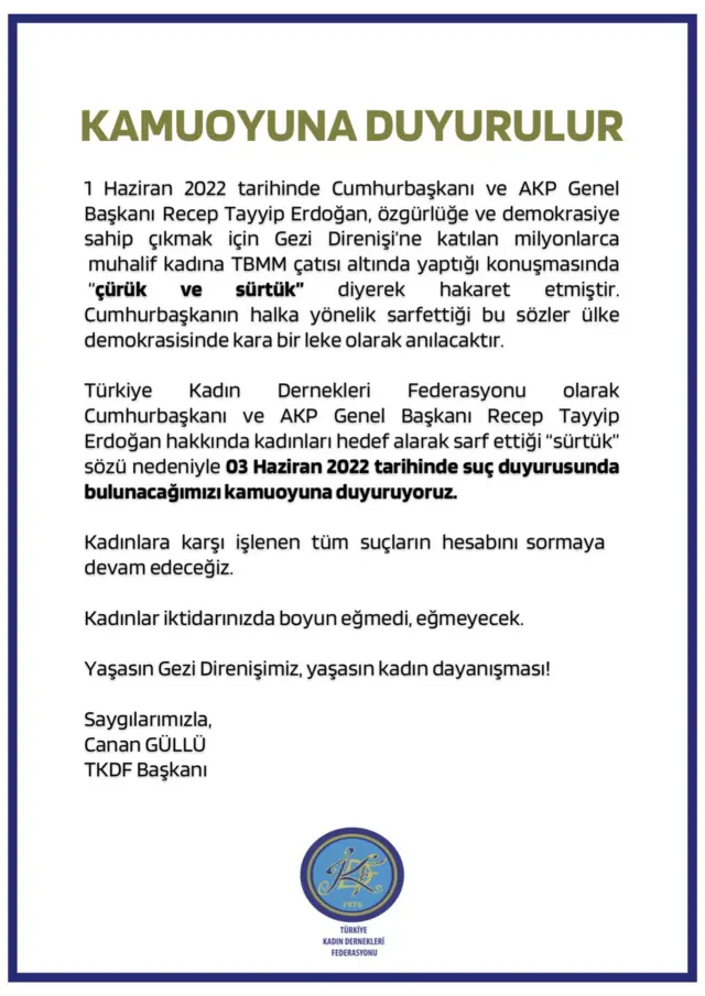 Türkiye Kadın Dernekleri Federasyonu açıklama