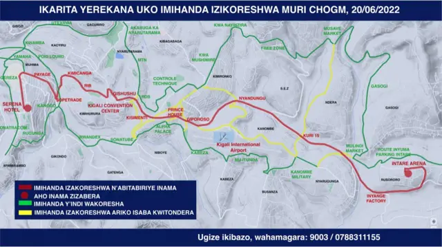 Polisi ya Rwanda ilitoa ramani inayoonyesha barabara za mji wa Kigali zitakazotumiwa Katika CHOGM
