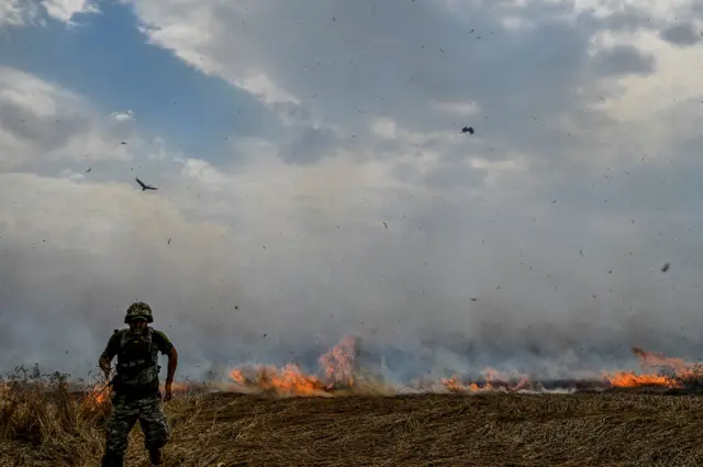 Украинский военный на горящем пшеничном поле