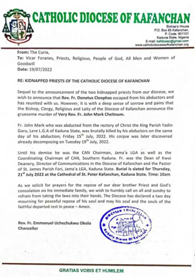 Statement form Kafanchan Diocese