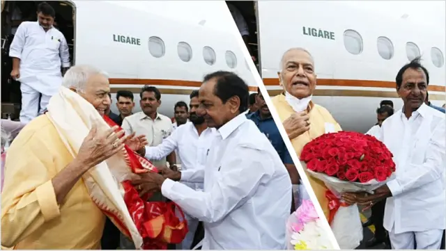 బేగంపేట విమానాశ్రయంలో యశ్వంత్ సిన్హాకు తెలంగాణ ముఖ్యమంత్రి కేసీఆర్, టీఆర్ఎస్ వర్కింగ్ ప్రెసిడెంట్ కేటీఆర్ స్వాగతం పలికారు