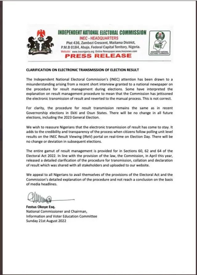 Akwụkwọ ozi si Inec