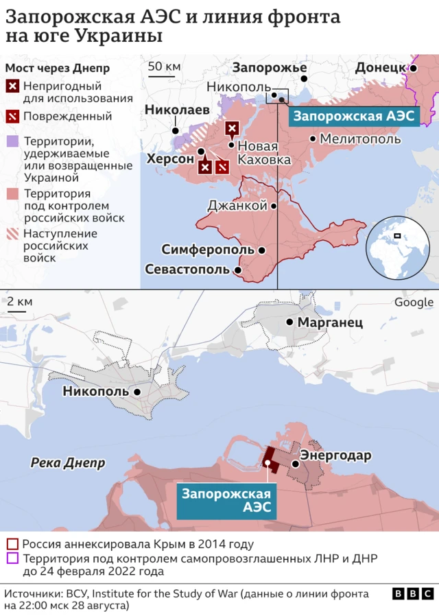 Карта военныйх действий на юге и в районе ЗАЭС
