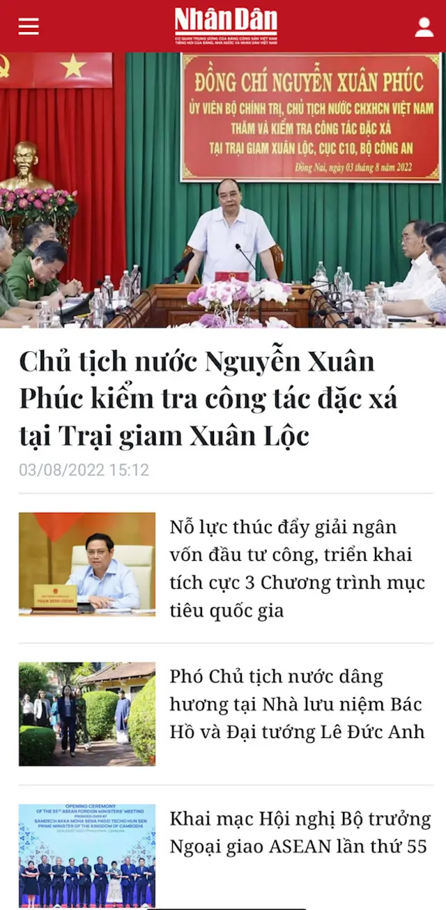 Trang nhất ngày 3/8 của báo Nhân Dân điện tử không chạy tin chuyến thăm Đài Loan của bà Pelosi.