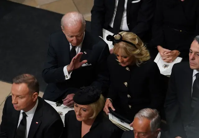 US President Joe Biden accompanied by the First Lady Jill Biden arriving for the State Funeral of Queen Elizabeth II